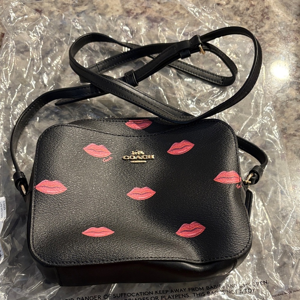Coach Black Crossbody Bag with Pink Lip Prints